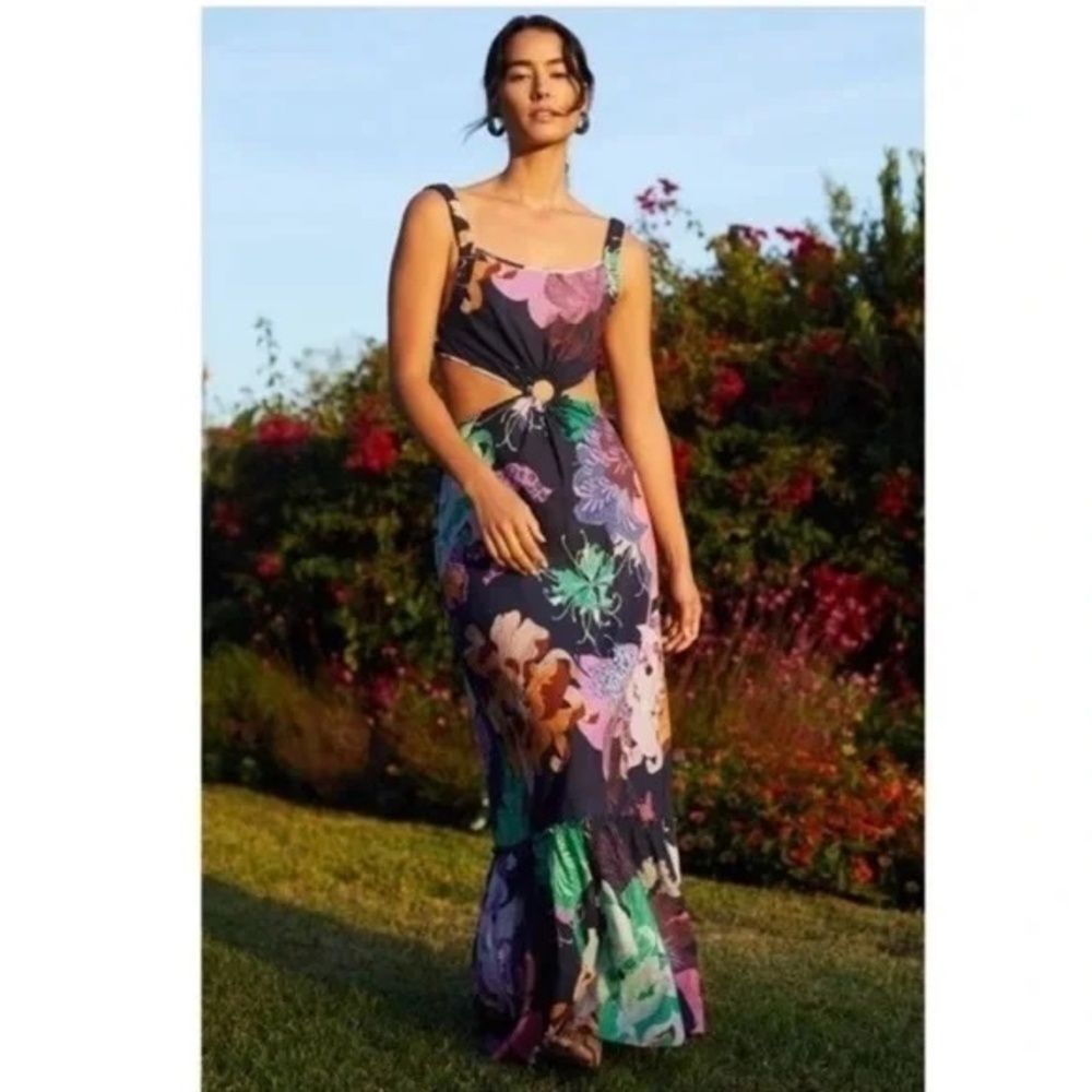 Anthropologie Maeve Dress L Maxi Cutout Floral Hawaii Boho Backless Purple Pink